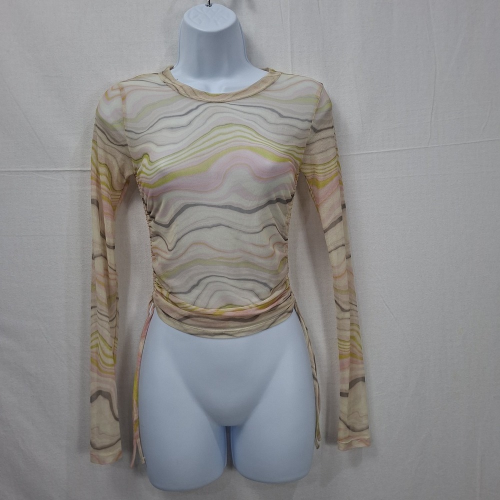Forever 21 Sheer Mesh Cropped Top Womens Small Multicolor Y2K Ruched Long Sleeve